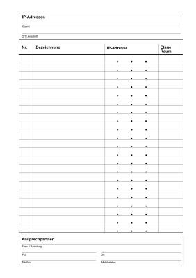 IP-Adressen Liste (PDF) Formular, Vordruck: IP-Adressen Liste für 24 Geräte. Druckbare Pdf-Datei im A4-Hochformat.