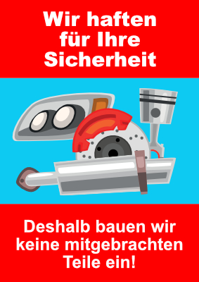 Fahrzeuge, Boote: Plakat 'Wir bauen keine mitgebrachten Teile ein' (Rot) - XXL-Plakat. PDF Datei