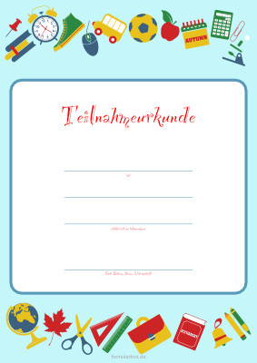 Kinder Teilnahmeurkunde Kinder, lernen Teilnahme Kinderurkunde Kinder, lernen. Vorlage für eine blaue Urkunde im DIN-A4 Hochformat.