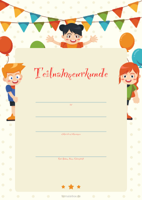 Kinder Teilnahmeurkunde Kinder und Luftballons Teilnahme Kinderurkunde Kinder und Luftballons. Lustige Vorlage für eine Urkunde im DIN-A4 Hochformat.