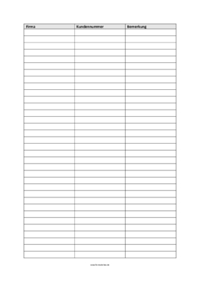 Kundennummern-Liste (PDF) Formular, Vordruck für Kundennummer Liste. Vorlage im DIN-A4 Hochformat zum Ausdrucken.