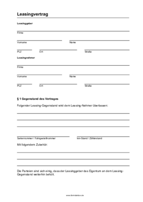 Gewerblicher Leasingvertrag (PDF) Formular, Vordruck: Gewerblicher Leasingvertrag zur Vermietung von Fahrzeugen, technichen Geräten und Anlagen.