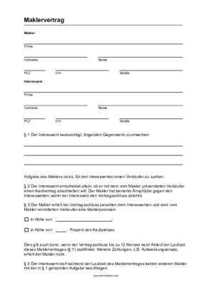 Maklervertrag (PDF) Formular, Vordruck: Maklervertrag. Makler sucht für den Interessenten einen Verkäufer.