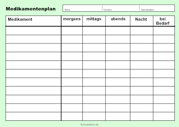 Fitness, Gesundheit: Medikamentenplan, Grün. PDF Datei