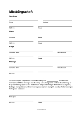 Mietbürgschaft durch privaten Bürgen (PDF) Formular, Vordruck: Übernahme einer Mietbürgschaft, Mietkautionsbürgschaft durch privaten Bürgen.