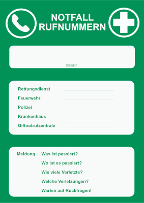 Schilder, Tafeln: Aushang: Notfall-Rufnummern. PDF Datei