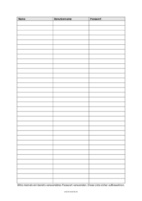 Passwort Liste (PDF) Formular, Vordruck für eine Passwort-Liste. Druckbares Pdf-Formular im A4-Hochformat.
