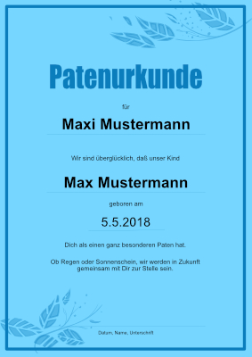 Urkunden Kinder: Patenurkunde, Blau. PDF Datei