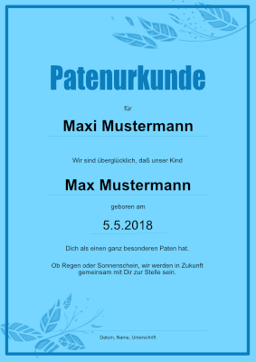 Patenurkunde in Blau. Patenurkunde, Blau als PDF Datei