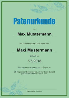 Urkunden Kinder: Patenurkunde, Grün. PDF Datei