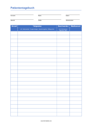 Patiententagebuch (PDF) Formular, Vordruck: Patiententagebuch zum Ausdrucken. Druckbare Vorlage im A4-Format.