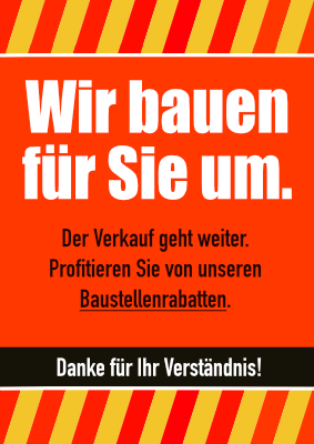 Werbeplakat Umbau mit Baustellenrabatt in Rot. Werbeschild für Handel und Gewerbe. POS, Werbung: Plakat Umbau, Baustellenrabatt (Rot). PDF Datei