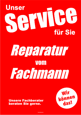 Werbeplakat 'Reparatur vom Fachmann'. Werbe-Schild für den Handel. Plakat Reparatur vom Fachmann als PDF Datei