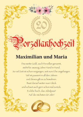 Urkunden Ehrung: Hochzeitstag Porzellanhochzeit Urkunde. PDF Datei