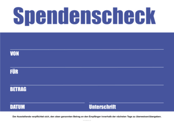 Vorlage für Spendenschecks, Werbescheck. PR-Scheck, modern in Weiß, Blau. XXL Spendenscheck (Weiß, Blau) als PDF Datei
