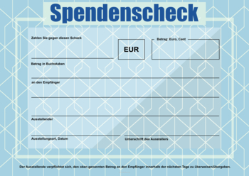 Finanzen: XXL Spendenscheck, Wertpapier (Blau). PDF Datei