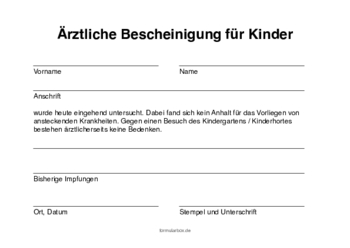 Formular, Vordruck: Ärztliche Bescheinigung für Kinder im Querformat. Bescheinigung, Kinder als PDF Datei
