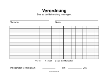 Medikamentenverordung, Verordnung A5 Formular, Vordruck: Medikamentenverordung, Medikationsplan. Druckbare Pdf-Datei im A5-Querformat.