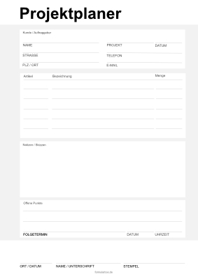 Formular, Vordruck: Projektplaner mit Feld für Skizzen im Hochformat. Projektplaner mit Skizze als PDF Datei