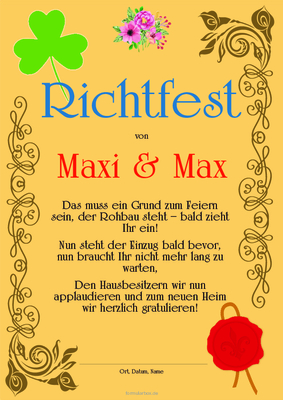 Glückwünsche zum Richtfest mit Texteindruck. Urkunde Richtfest, Glückwunsch (Gold) als PDF Datei
