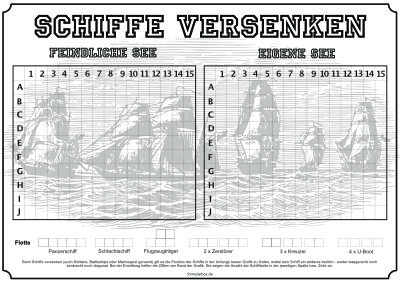 Formular, Vordruck: Spielblatt, Spielbogen Seeschlacht für Schiffe versenken mit Kurzanleitung. Schiffe versenken, Seeschlacht als PDF Datei