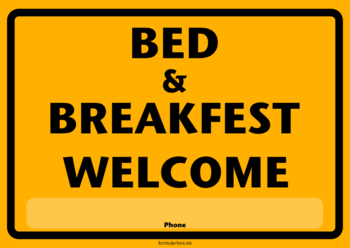 Schild Bad & Breakfast, Gelb Gelbes Schild Bad & Breakfast. Schild im DIN-A4 Querformat zum Ausdrucken.
