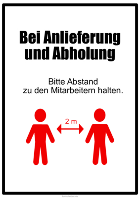 Schilder, Tafeln: Schilder Hygienehinweis 'Abstand bei Anlieferung und Abholung'. PDF Datei