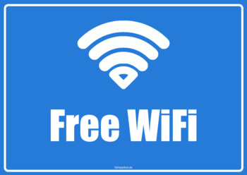 Schild, Free WiFi 2 Hinweisschilder: Free WiFi. Ein blaues und ein weißes Schild.
