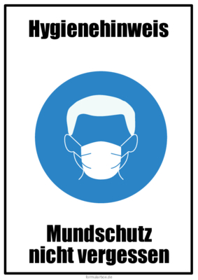 Schilder, Tafeln: Schilder Hygienehinweis 'Mundschutz' (Maske). PDF Datei