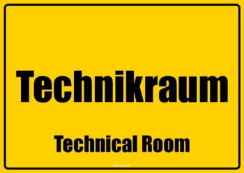 Schild Technikraum (DE, EN) 2 Hinweisschilder Technikraum in Deutsch und Englisch. Ein gelbes und ein weißes Schild im Querformat.