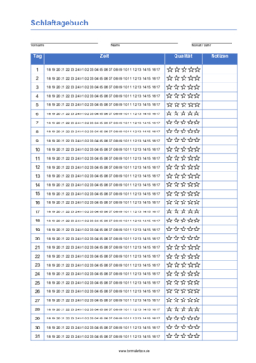 Schlaftagebuch, 31 Tage (PDF) Formular, Vordruck: Einfaches Schlaftagebuch für 31 Tage zum Ausdrucken.