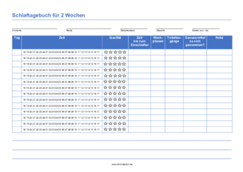 Schlaftagebuch, 14 Tage (PDF) Formular, Vordruck: Umfangreiches Schlaftagebuch für 14 Tage zum Ausdrucken.