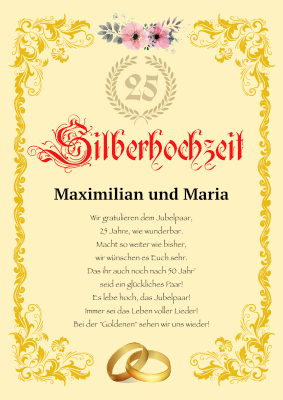 Urkunde Hochzeitstag Silberhochzeit - Urkunde zum Ehejubiläum 'Silberhochzeit' mit Texteindruck.