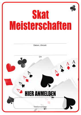 Werbeplakat für 'Skat Meisterschaften, Datum, Ort, Telefonnummer'. Vereine, Mannschaften: Plakat Skat Meisterschaften. PDF Datei