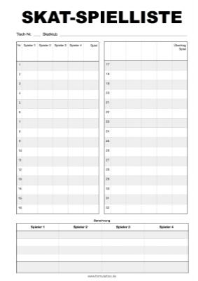 Spiele: Skatliste, Skat-Spielliste (kompakt). PDF Datei