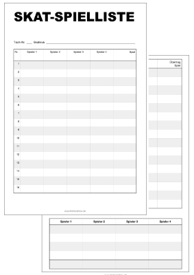Skatliste, Skat-Spielliste (gro) - Groe Skat-Spielliste fr vier Spieler und 32 Spiele.