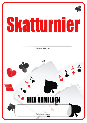 Plakat Skatturnier (Telefonnummer) Werbeplakat für ein Skatturnier, Datum, Ort, Telefonnummer. Druckbare Pdf-Plakat-Vorlage im Hochformat für DIN-A4 oder DIN-A3.