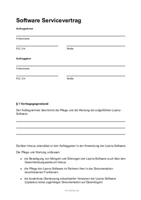 Formular, Vordruck: Vertrag über Pflege, Service und Support von Lizenz-Software. Software Service-Vertrag (PDF) als PDF Datei