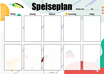 Formular, Vordruck (Früchte): Speiseplan 2, Montag bis Freitag. Wochenplan im Querformat. Speiseplan 2, Montag - Freitag, Früchte, Querformat als PDF Datei