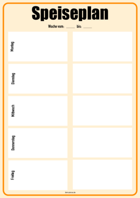 Speiseplan 2, Montag - Freitag, Gelb Formular, Vordruck (Gelb): Speiseplan Montag bis Freitag, gelb. Wochenplan im Hochformat.