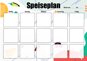 Formular, Vordruck (Früchte): Speiseplan 3, Montag bis Freitag. Wochenplan im Querformat. Speiseplan 3, Montag - Freitag, Früchte, Querformat als PDF Datei