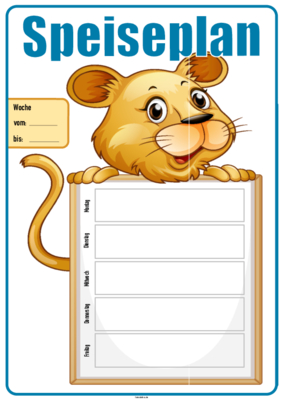Formular, Vordruck (Maus): Kinder Speiseplan, Wochenplan Montag bis Freitag mit einer Maus. Speiseplan Kinder (Maus) als PDF Datei