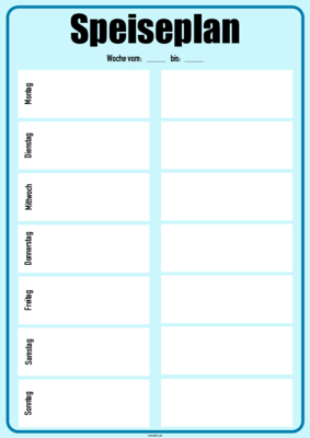 Speiseplan 2, Montag - Sonntag, Blau Formular, Vordruck (Blau): Speiseplan 2, Montag bis Sonntag. Wochenplan im Hochformat.