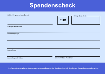 XXL Spendenscheck, Standard (Blau) Vorlage für Werbescheck, Spendenschecks, Geldspenden. PR-Scheck. Musterscheck klassisch in blauem Design.