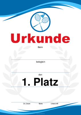Urkunde Federball, Schläger 4 repräsentative Sporturkunden für Federball, Schläger. Platz 1, 2, 3 und Leerurkunde.