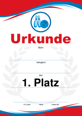 Urkunde Bowling, 2 Pins, Kugel (Blau, Rot) 4 würdevolle Bowlingurkunden, 2 Pins, Kugel (Rot, Blau). Platz 1, 2, 3 und Blanko.