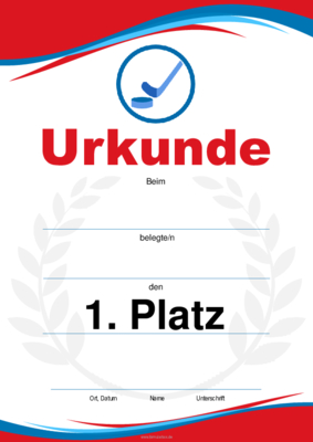 Urkunde Eishockey, Schläger (Blau, Rot) 4 würdevolle Sporturkunden für Eishockey, Schläger (Rot, Blau). Platz 1, 2, 3 und Leerurkunde.