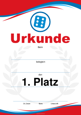 Urkunden Sportarten: Urkunde Gaming, Würfel Sechs (Blau, Rot). PDF Datei