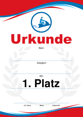 Urkunde Jetski (Blau, Rot) 4 würdevolle Sporturkunden für Jetski (Rot, Blau). Platz 1, 2, 3 und Leerurkunde.