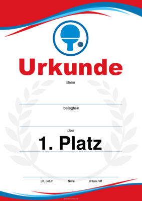 Urkunde Tischtennis, Schläger (Blau, Rot) 4 würdevolle Sporturkunden für Tischtennis, Schläger (Rot, Blau). Platz 1, 2, 3 und Leerurkunde.